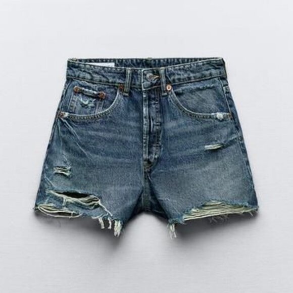 ZARA High Waist Ripped TRF Denim Shorts NWT 38 US6 Navy Blue - Picture 1 of 6